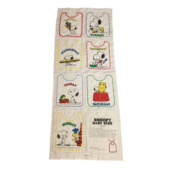 Vintage Fabric Snoopy Baby Bibs Panel Days Of The Week - Picture 1 of 9
